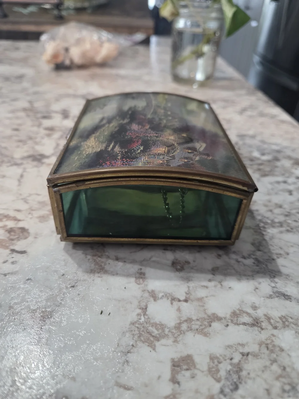 Small Vintage Thomas Kinkade “Painter Of Light” Ensco Trinket Box Brass / Glass